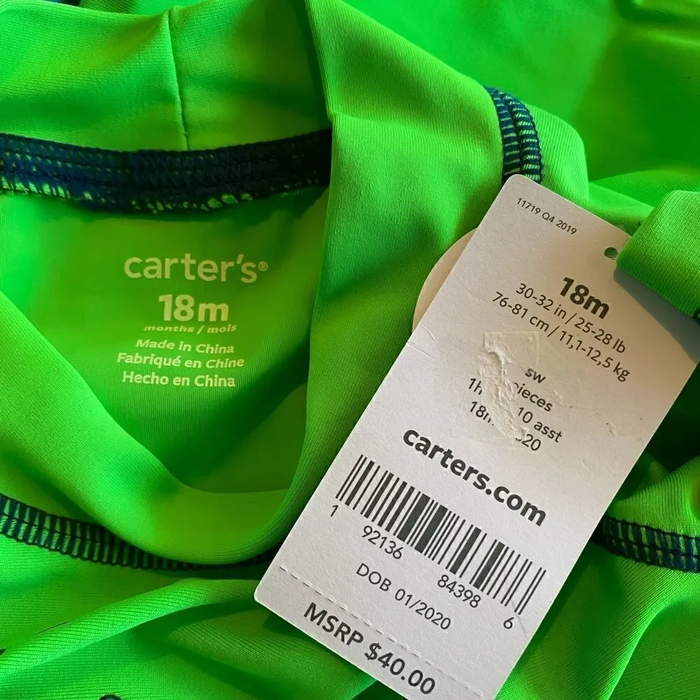 Carters Boys 18M T-Rex Dinosaur Rash Guard Shirt & Swim Trunks